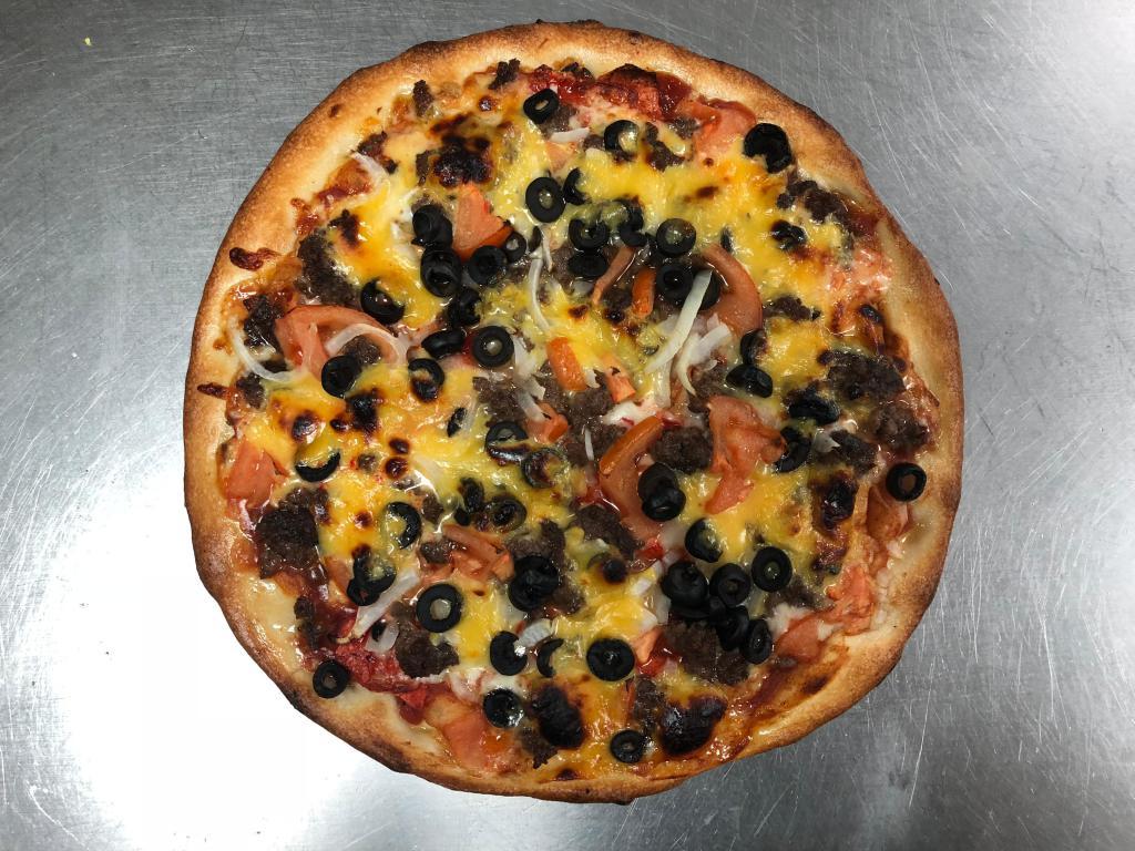 Taco Pizza · Taco sauce, hamburger meat, tomato, onions ,black olives,taco shell w/ cheddar over the top