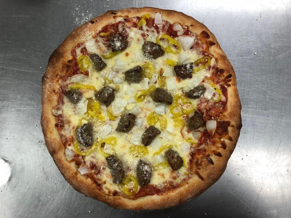 The meatball · onions,  hot peppers,mozzarella meatballs,topped with parm cheese and a garlic crust