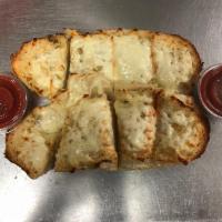 Garlic Bread with Cheese · 8 in garlic bread cut in four with 2 sides of sauce.