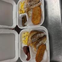 Happy Hot Cakes Combo Breakfast · 3 pancake combo. Includes 2 eggs, 3 turkey sausage or 3 turkey bacon strips and hashbrown wi...