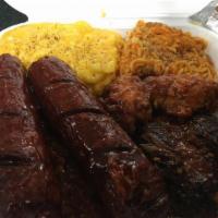 (Manup...or Man down) Barbeque Beef Rib, Beef Hot Link and Brisket Combo · Tender delicious barbeque beef ribs and brisket with 2 spicy beef hot links with French Frie...
