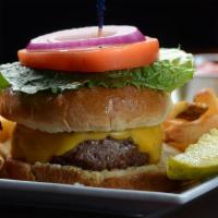 Gossip Burger · Lettuce, tomato, onion, seeded bun and  hand cut fries.