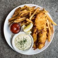 Fish and Chips · Beer battered Atlantic cod, tartar sauce and fries.