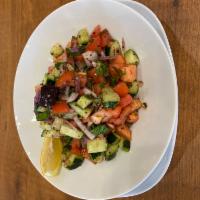 Shepherd's Salad · Coban salatasi. Fresh tomatoes, kirby, green peppers, onions, parsley, olive oil, and lemon ...