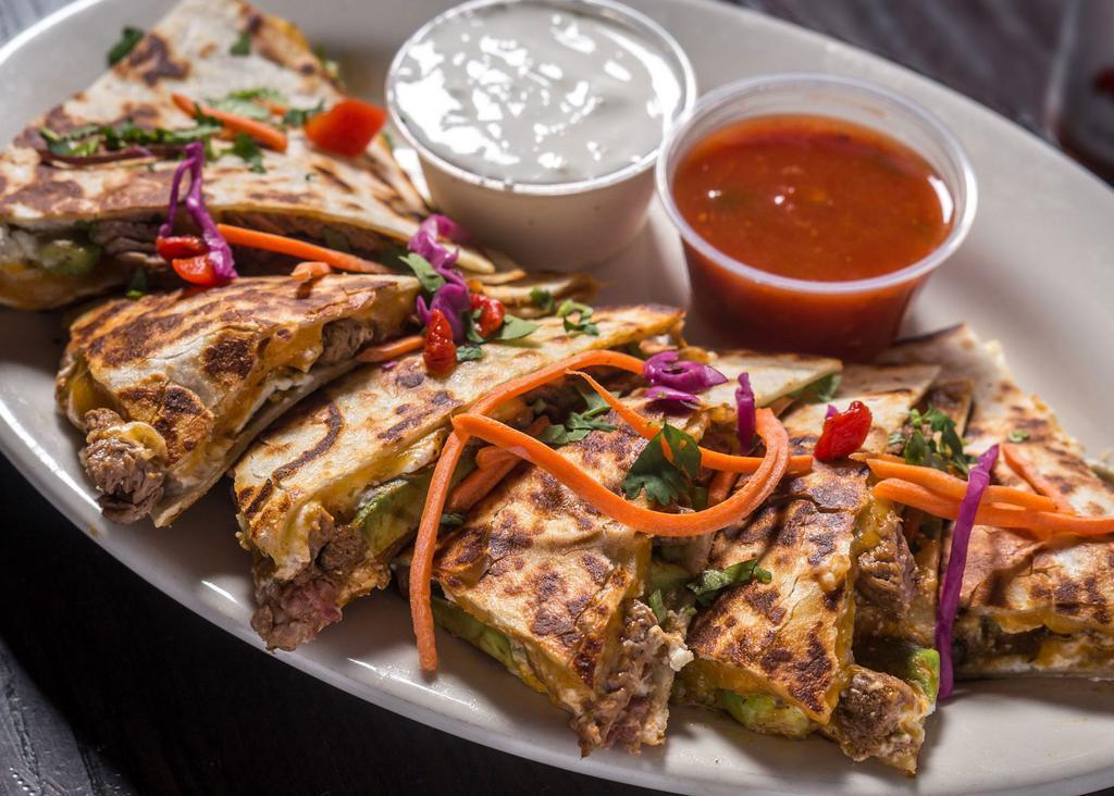 Grilled Steak Quesadilla · Peppers & Onions. Served with Sour Cream and Salsa Verde on the Side