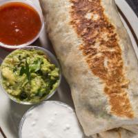 Jerk Chicken Burrito · 12 Inch Tortilla with Beans, Spanish Rice, Jack Cheese, Served with Sour Cream and Salsa on ...