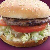 Hamburger · KV spread, lettuce, pickles, and tomatoes. Made with 100% Fresh ground beef patties.

