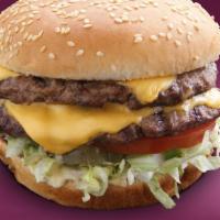 Double Cheeseburger · 2 Patties, American cheese, KV spread, lettuce, pickles, and tomatoes. Made with 100% Fresh ...