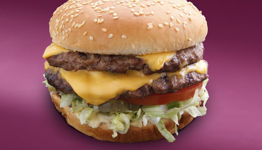 Double Cheeseburger · 2 Patties, American cheese, KV spread, lettuce, pickles, and tomatoes. Made with 100% Fresh ground beef patties.
