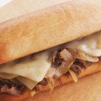 Philly Cheesesteak · Sliced sirloin, grilled onions, pepper Jack cheese on a butter French roll.