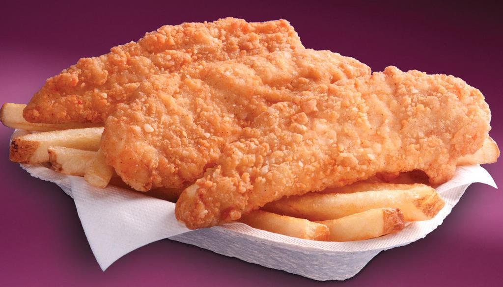 Kids Chicken Strips · Two chicken strips, served with french fries, apple slices and choice of drink.