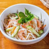 Shrimp Papaya Salad · Served with peanuts, shredded cucumber, papaya and carrots. Served with fish sauce vinaigret...