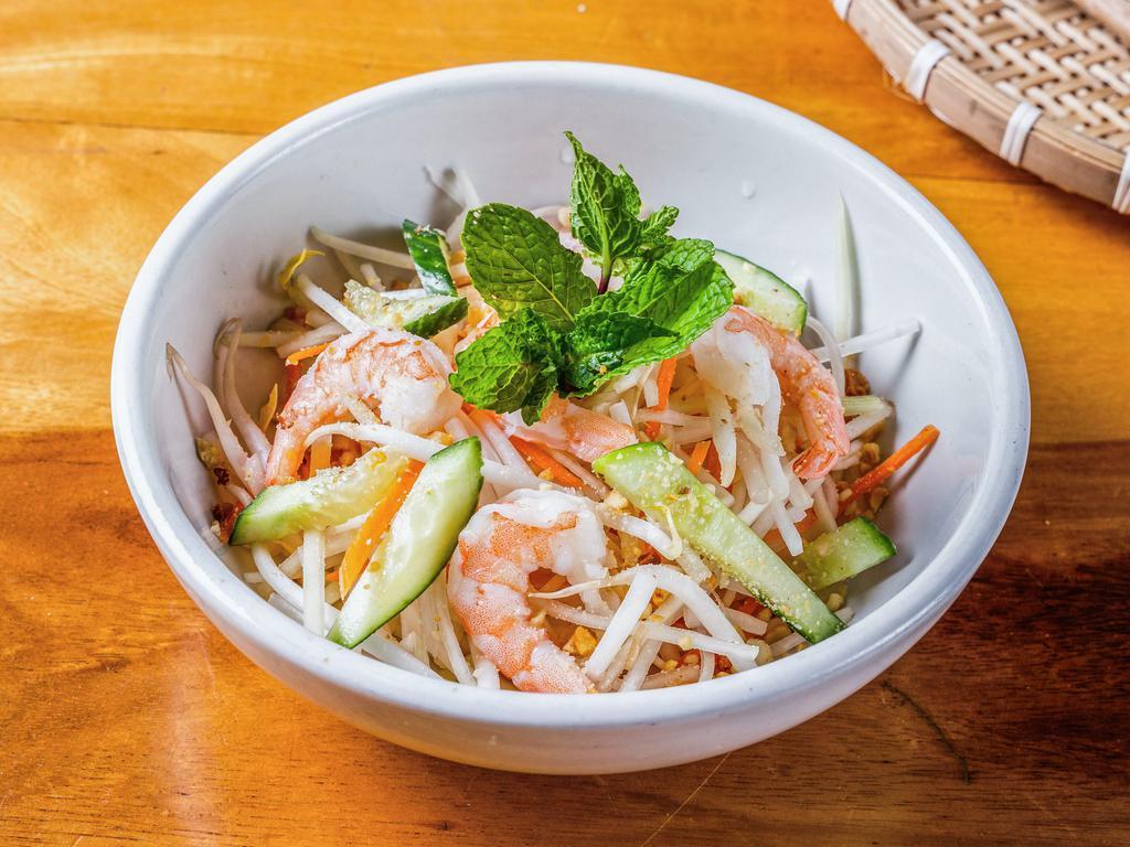 Shrimp Papaya Salad · Served with peanuts, shredded cucumber, papaya and carrots. Served with fish sauce vinaigrette on the side.