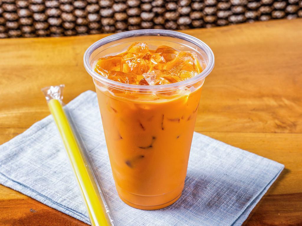 Thai Iced Tea · Freshly made batches daily, cannot modify, contains milk, condensed milk and sugar. Does not come with Tapioca Pearls.