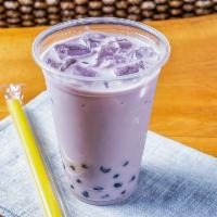 Taro Bubble Tea · Freshly made batches daily, cannot modify, contains tapioca pearls, milk, caffeinated green ...