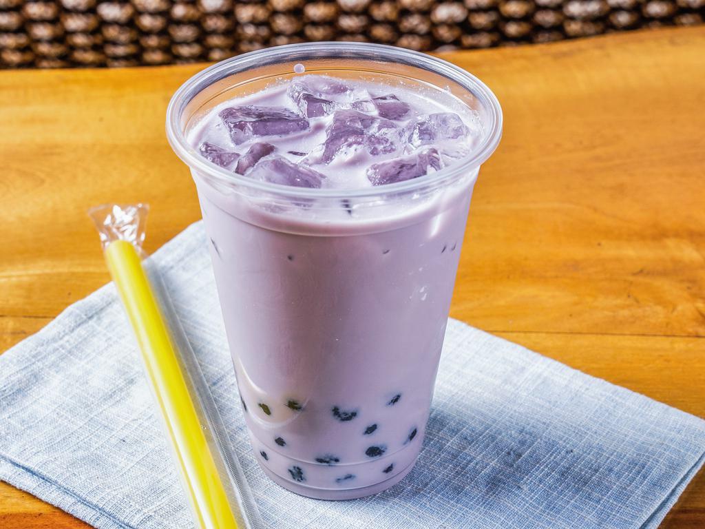 Taro Bubble Tea · Freshly made batches daily, cannot modify, contains tapioca pearls, milk, caffeinated green tea and sugar.