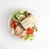 Greek Chicken Salad · Roman lettuce, tomato, red pepper, cucumber, Kalamata olives, feta cheese, with grilled chic...