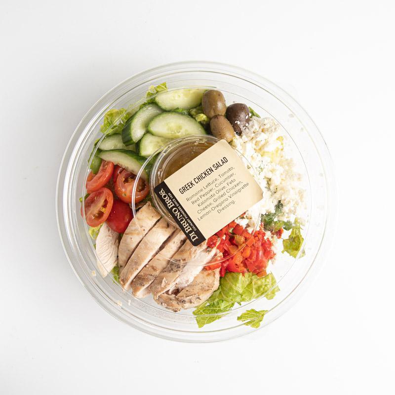 Greek Chicken Salad · Roman lettuce, tomato, red pepper, cucumber, Kalamata olives, feta cheese, with grilled chicken and lemon-oregano vinaigrette on the side. 