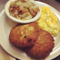 Salmon Croquette Breakfast · 2 eggs any style, 2 salmon cakes, home potatoes and toast. Add cheese for an additional char...