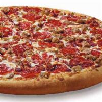 ExtraMostBestest® 3 Meat Treat® Pizza · Large round pizza with Pepperoni, Sausage and Bacon.