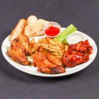 Wings · 6 Lemon pepper, Barbecue, Buffalo or regular seasoning with fries