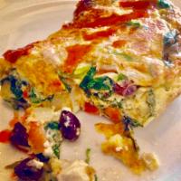 Mediterranean Omelette · Roasted pepper, Feta cheese, Parmesan cheese, and black olive. Served with home fries and to...