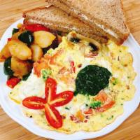 Veggie Omelette · Spinach, mushroom, broccoli, and tomato. Served with home fries and toast.