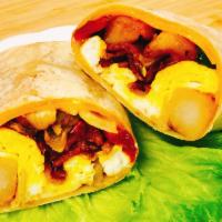 Good Morning Wrap · Scrambled egg, bacon, Cheddar cheese, home fries, and salsa on a wrap.