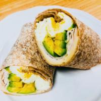 Healthy Wrap · Egg white, turkey, Swiss cheese, and avocado on a wrap.