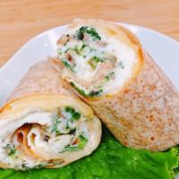 Veggie Wrap · Egg white, spinach, broccoli, mushroom, and Muenster cheese on a wrap.
