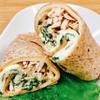 Grilled Chicken Wrap · Grilled chicken, egg white, spinach, mushroom, and Swiss cheese on a wrap.