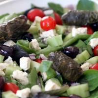 Greek Salad · Grape tomato, bell pepper, red onion, romaine lettuce, Feta cheese, black olive, and stuffed...