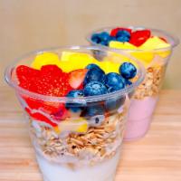 Yogurt Parfait · Fat Free Yogurt Topped with Blueberry, Strawberry, Mango & Granola. Made in Store DAILY.
