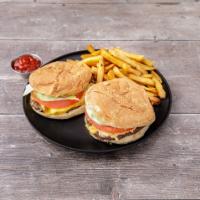 Twin Cheeseburger with French Fries · On toasted bun. Deluxe comes with lettuce, tomato, cheese, coleslaw and French fries.