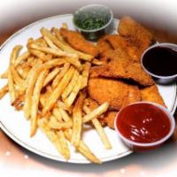 Chicken Nuggets with French Fries · 6 pieces of chicken nuggets with french fries.