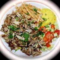 Baby Chicken Shawarma Platter · Served with a side salad, pita bread and 2 sides (rice, french fries, mashed potatoes, beans...
