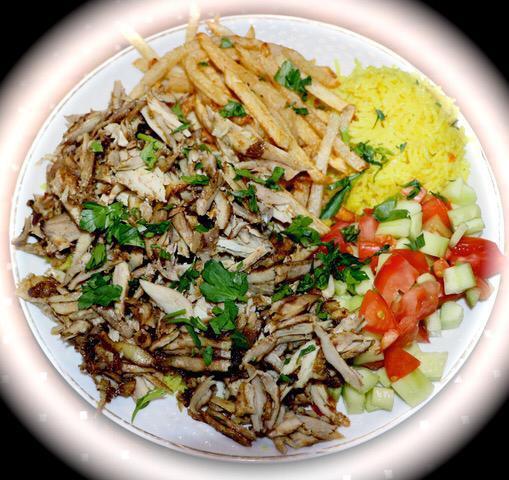 Baby Chicken Shawarma Platter · Served with a side salad, pita bread and 2 sides (rice, french fries, mashed potatoes, beans, salad).
