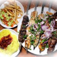 Mix Grill for 2 · 5 mixed skewers. Served with 2 sides (rice, french fries, mashed potatoes, beans, salad) and...