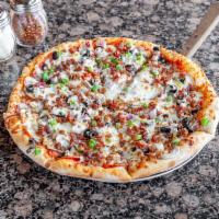 Supremacy Pizza · Prepared with pepperoni, sausage, bacon, onions, green peppers, mushrooms, and olives.