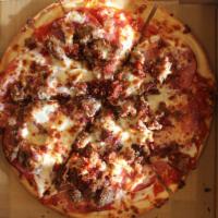 Mo Meat Pizza · Prepared with pepperoni, sausage, bacon, hamburger, salami, and Canadian bacon.
