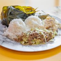 24. Kalua and Lau Lau Combo Plate · An old Hawaiian tradition. Hefty pork chuck wrapped with taro leaf steamed to perfection pai...