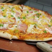 Hawaiian Pizza · Red sauce, mozzarella, Canadian bacon, green peppers, and pineapple.