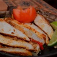 Individual Serving Chicken Fajitas · Charbroiled chicken, served with Spanish rice, refried beans, pico de gallo, guacamole, and ...