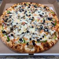 Veggie Pizza · Topped with mushrooms, tomatoes, green peppers, onions and olives.