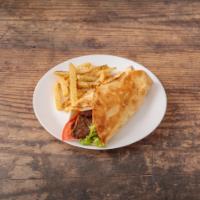 Meat Shawarma Sandwich · Shredded marinated beef with tahini sauce, with tomato,lettuce,pepper and onion, serve with ...
