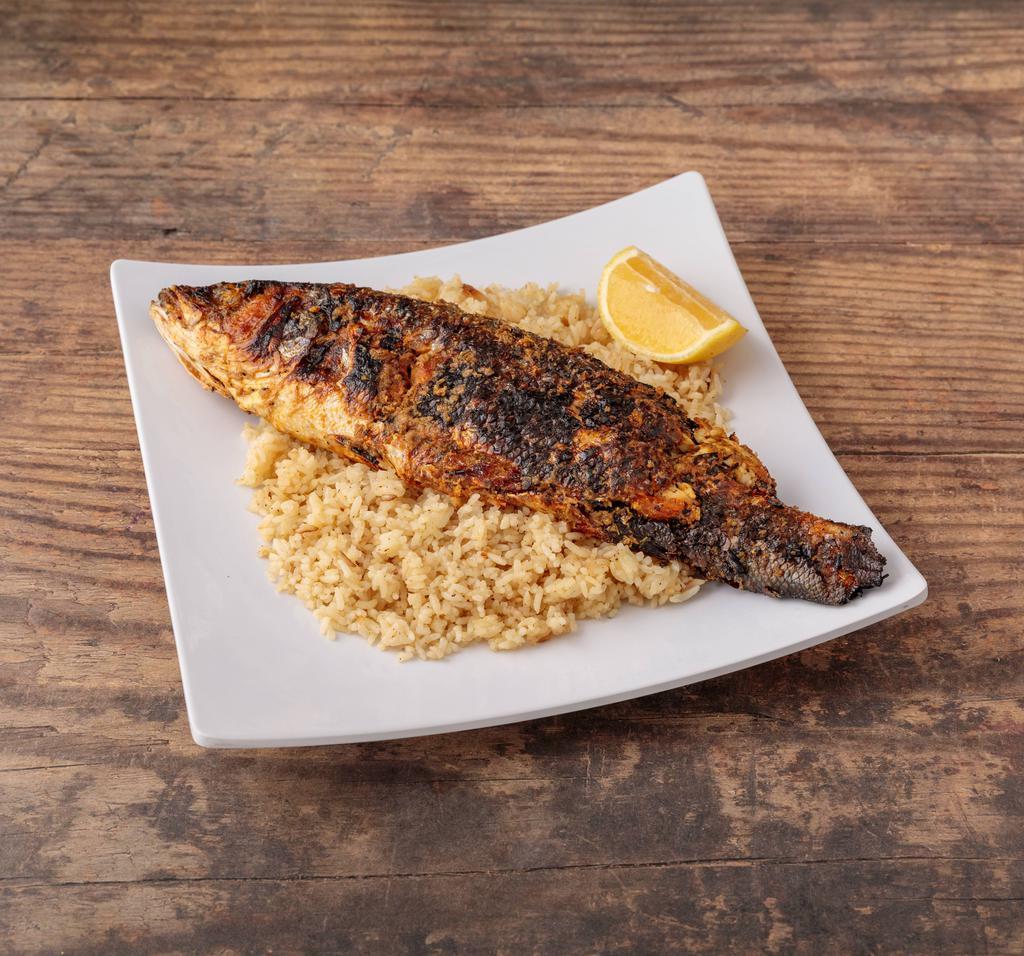 1 Piece Whole Bronzini Grilled Fish with Rice and Salad · 
