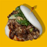 (1) Pork Belly · Pork belly guabao with peanut, cucumber, cilantro and hoision sauce.
