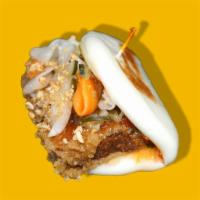(1) Fried Tofu · Fried tofu guabao with pickled vegetables, topped with sweet chili sauce and peanuts.
