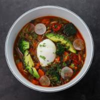 Spicy Chicken Noodle Soup · Red Chile Miso Broth, Rice Vermicelli Noodles, Slow Cooked Chicken, Mixed Veggies, Avocado, ...