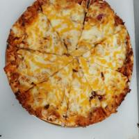 BBQ Chicken Pizza · BBQ sauce, 5 cheese blend, chicken breast, red onion and bacon.